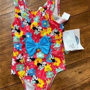 Disney Minnie Mouse Floral Kids Swim One Piece - Red and Blue